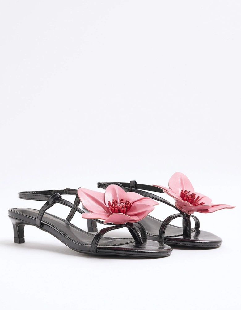 Flower Kitten Heel Sandal - Black