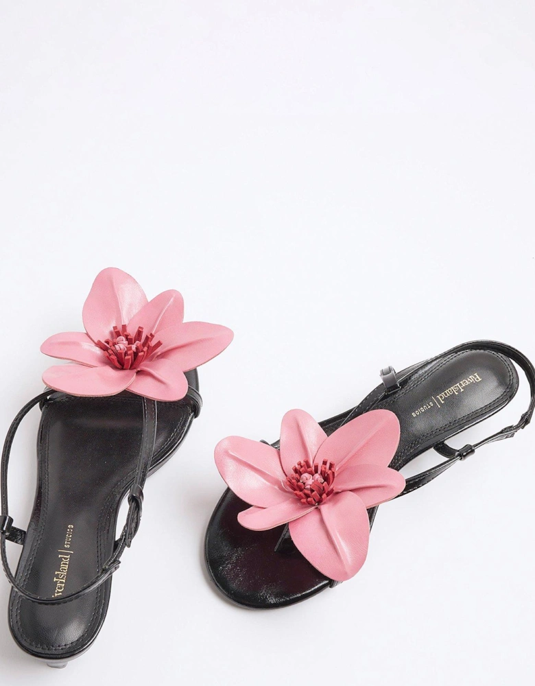 Flower Kitten Heel Sandal - Black