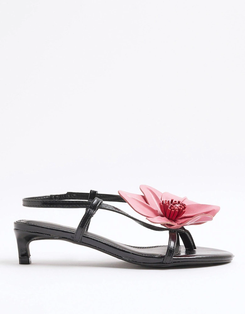 Flower Kitten Heel Sandal - Black