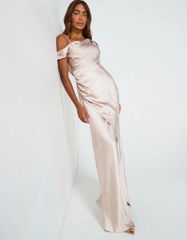 Asymmetrical Bardot Strap Satin Bridesmaid Dress - Cream