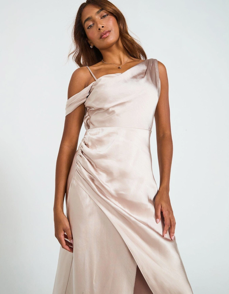 Asymmetrical Bardot Strap Satin Bridesmaid Dress - Cream