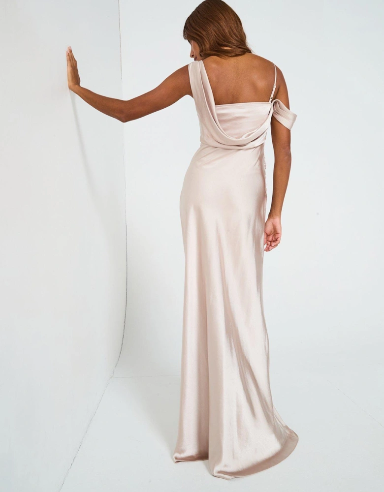 Asymmetrical Bardot Strap Satin Bridesmaid Dress - Cream