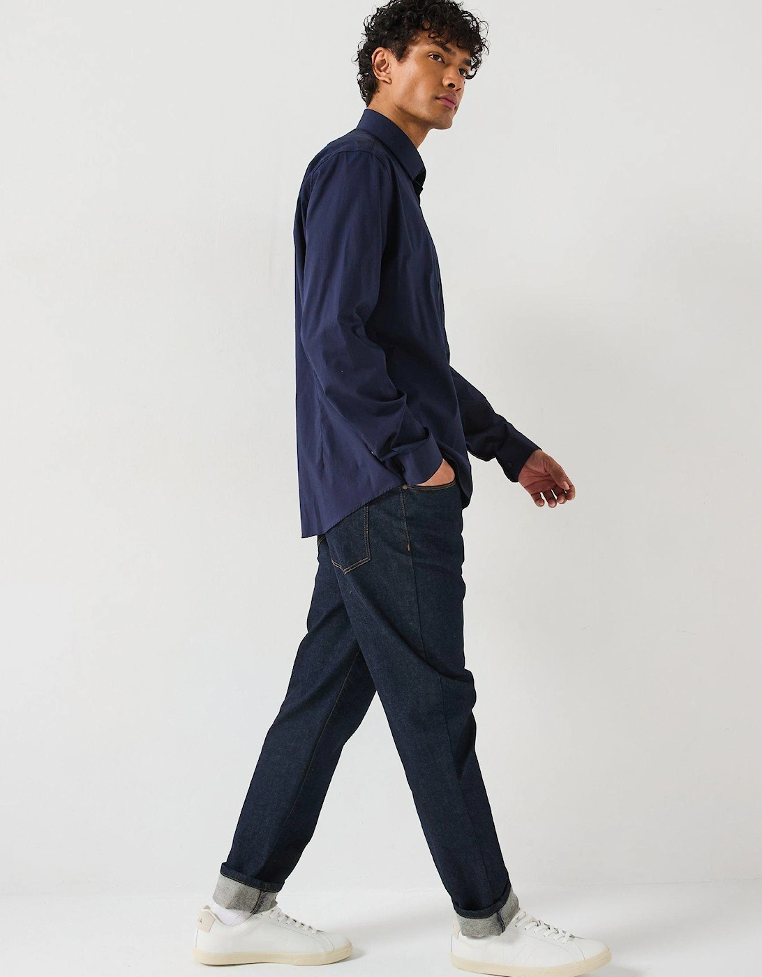 Poplin Stretch Slim Long Sleeve Shirt - Navy