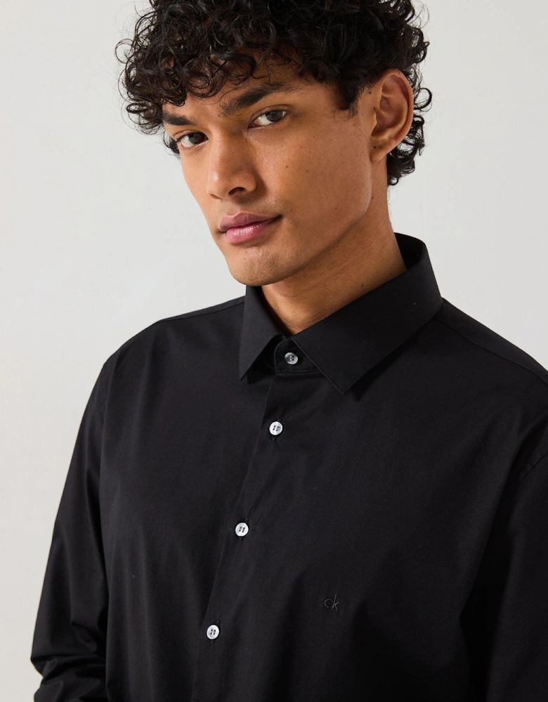 Poplin Stretch Slim Long Sleeve Shirt - Black