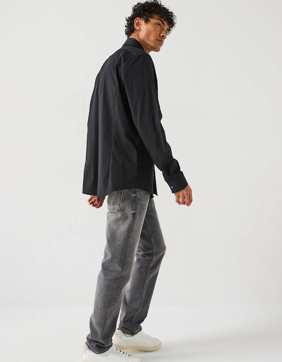 Poplin Stretch Slim Long Sleeve Shirt - Black