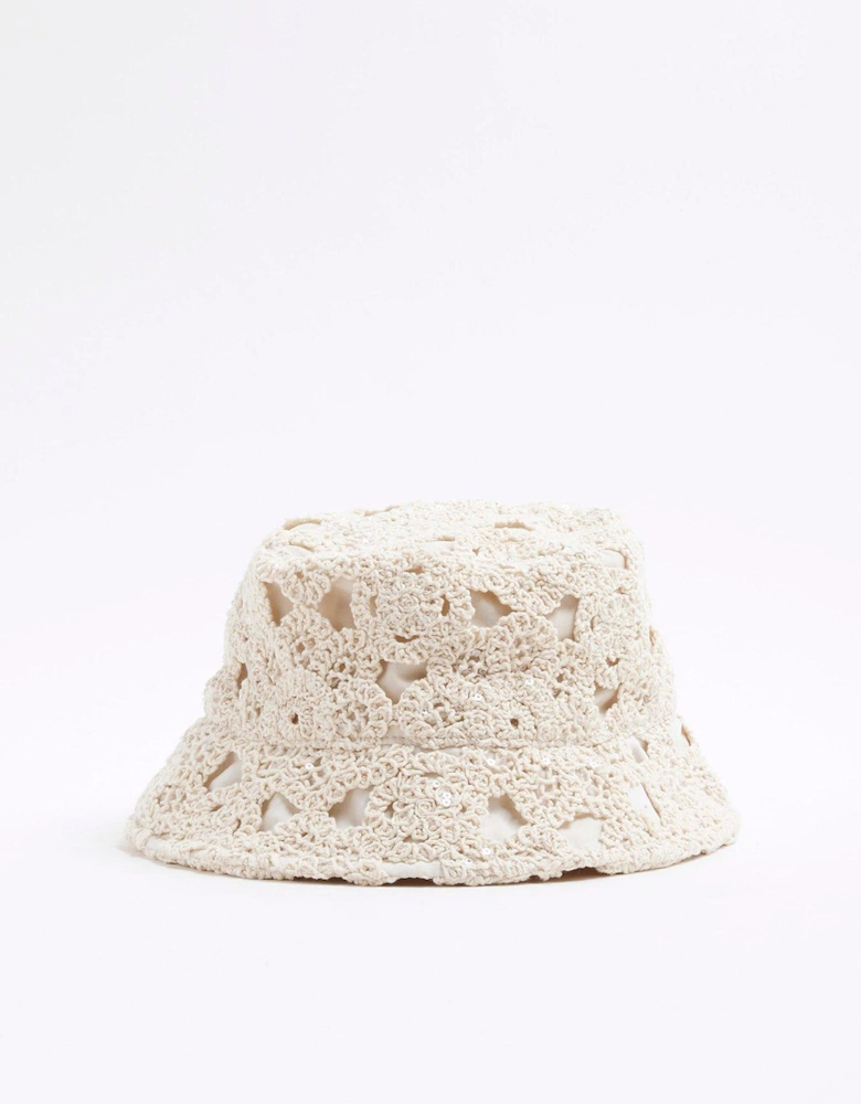 Girls Sequin Crochet Bucket Hat - Beige