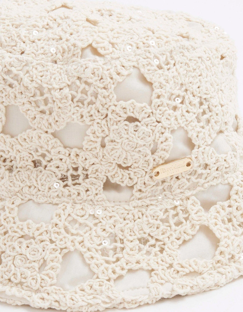 Girls Sequin Crochet Bucket Hat - Beige