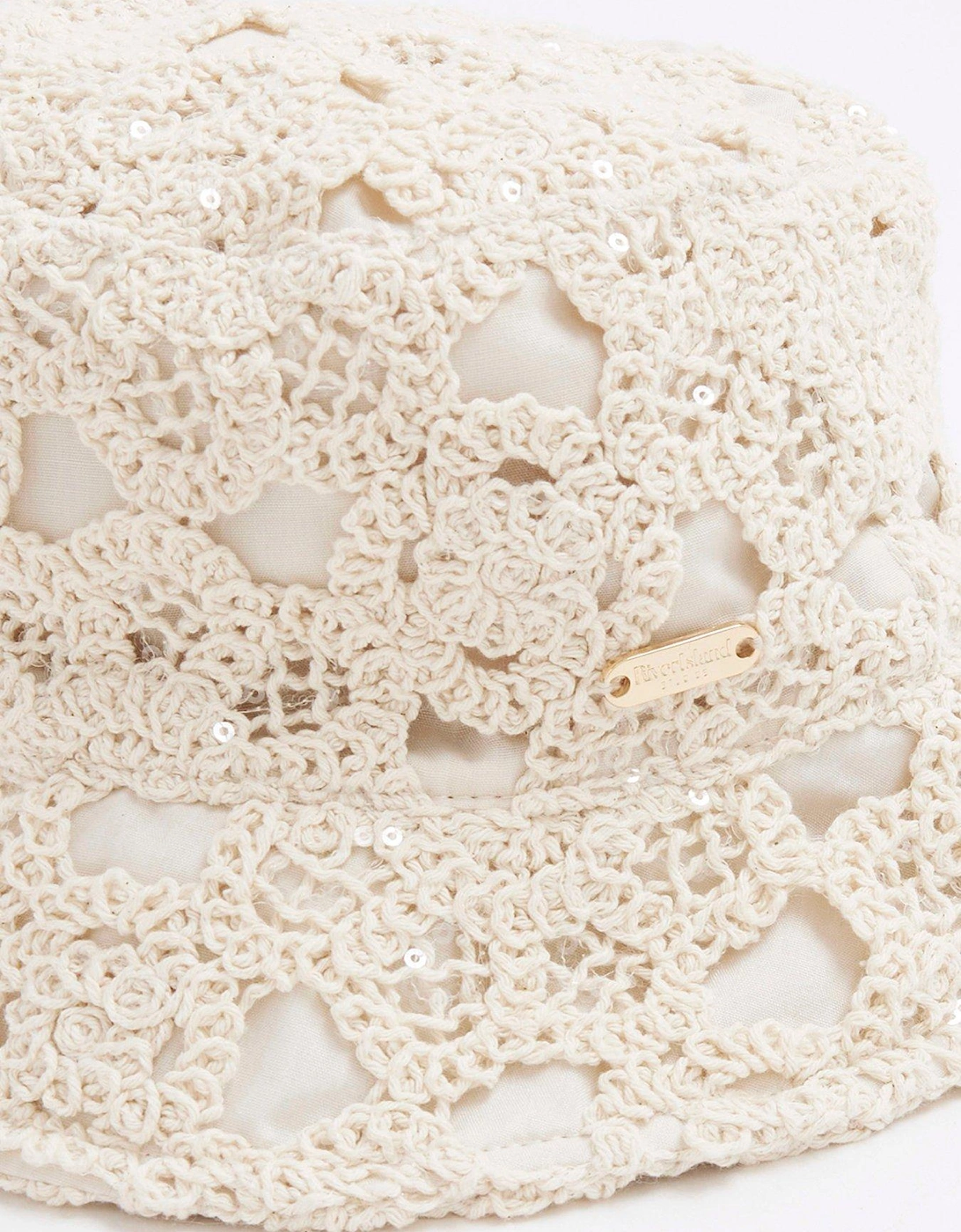 Girls Sequin Crochet Bucket Hat - Beige