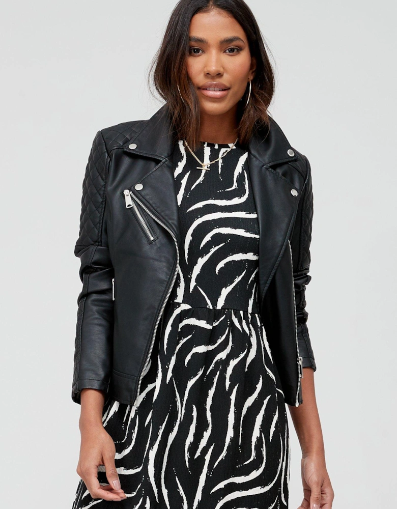 Faux Leather Biker Jacket - Black