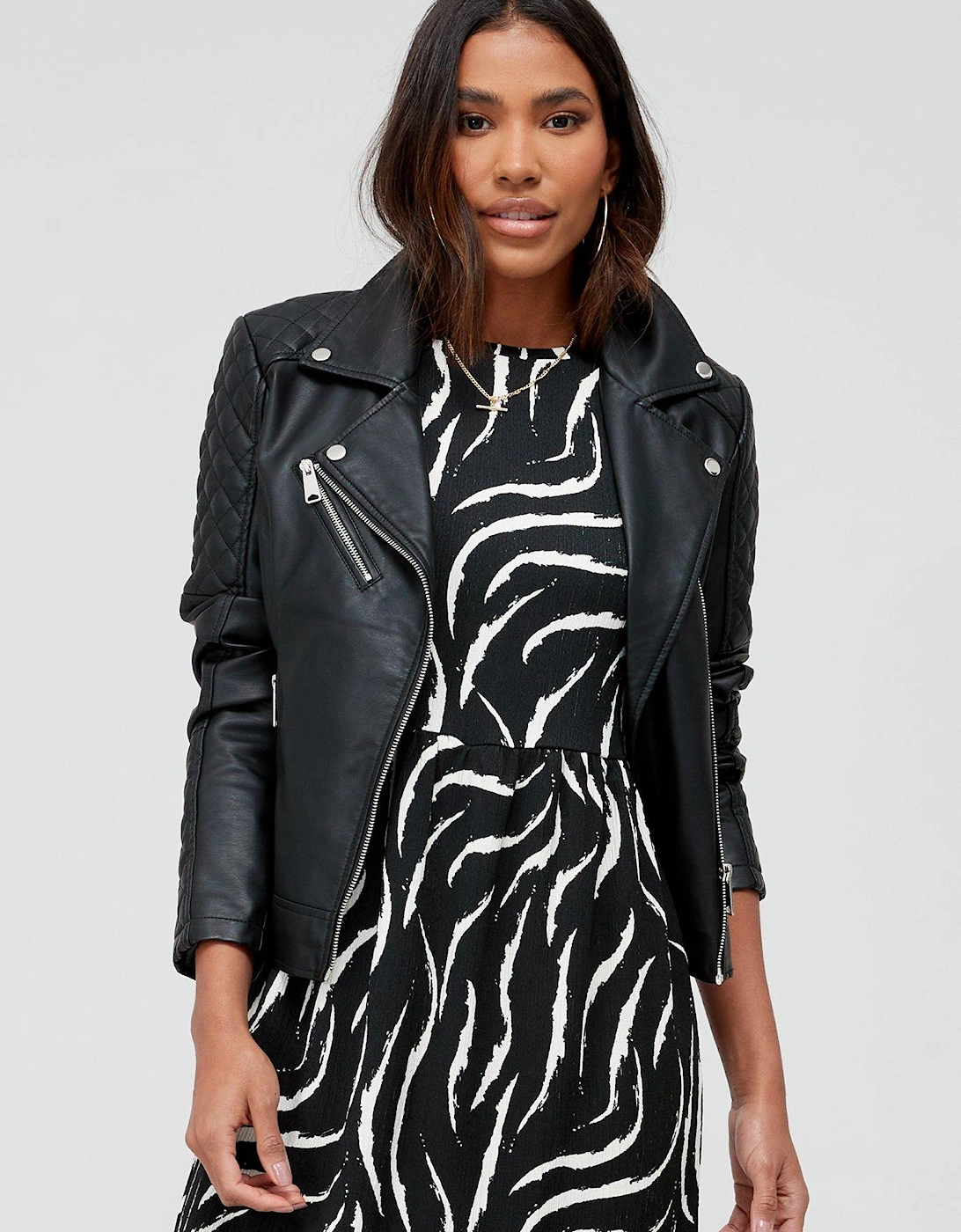 Faux Leather Biker Jacket - Black