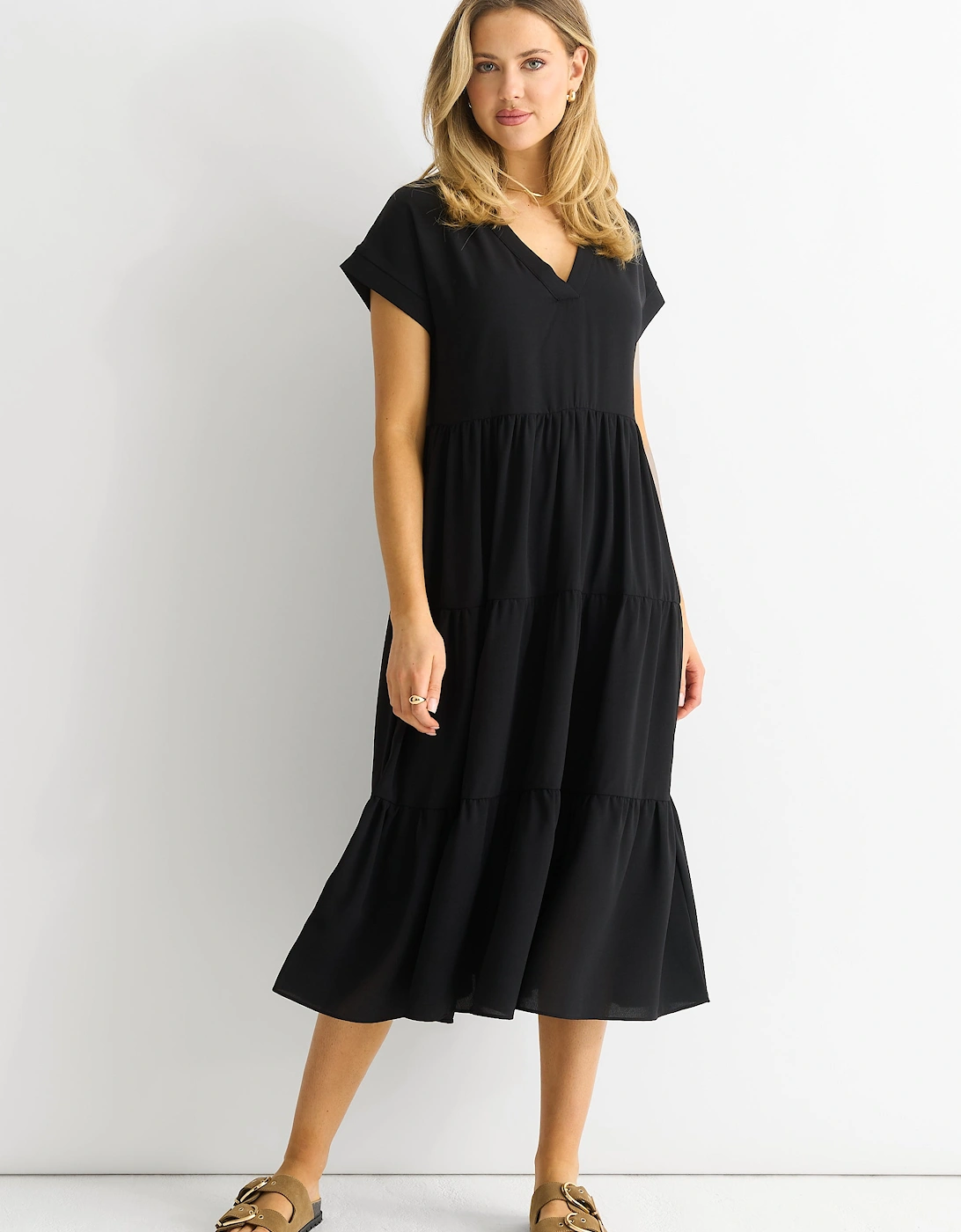 Gini London Women's Black V Neck Pocket Smock Midi Dress - Size: 12/14