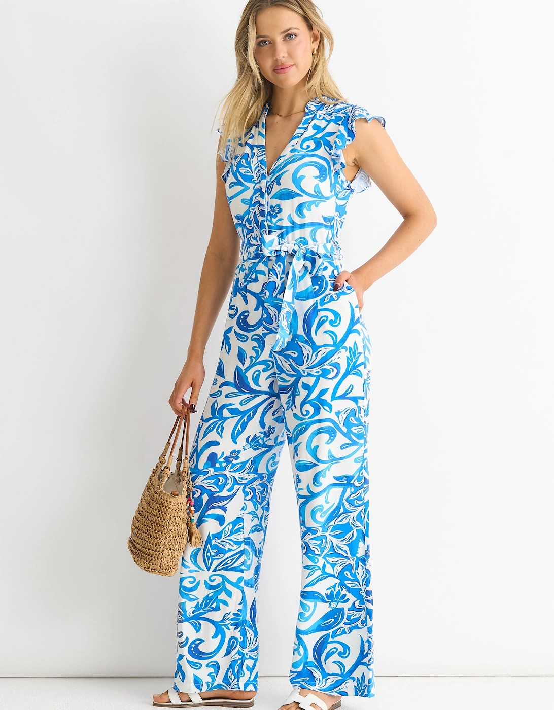 Gini London Women's Blue Floral Ruffle Sleeeves Jumpsuit - Size: 16