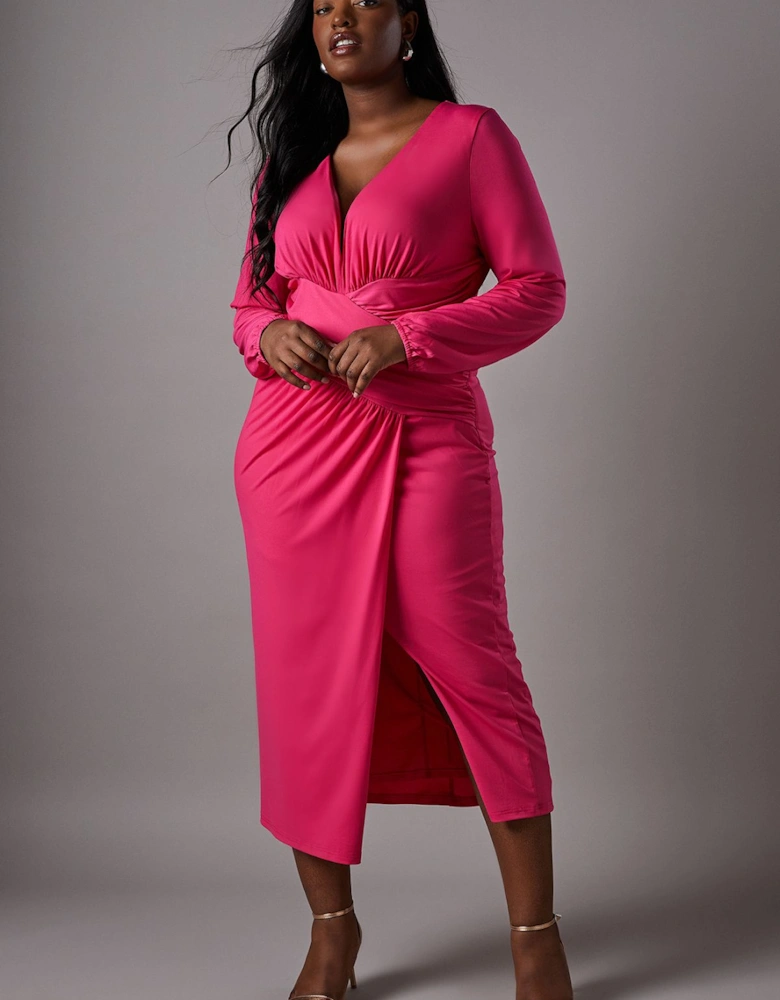 Plus Jersey Tie Wrap Front Long Sleeve Dress