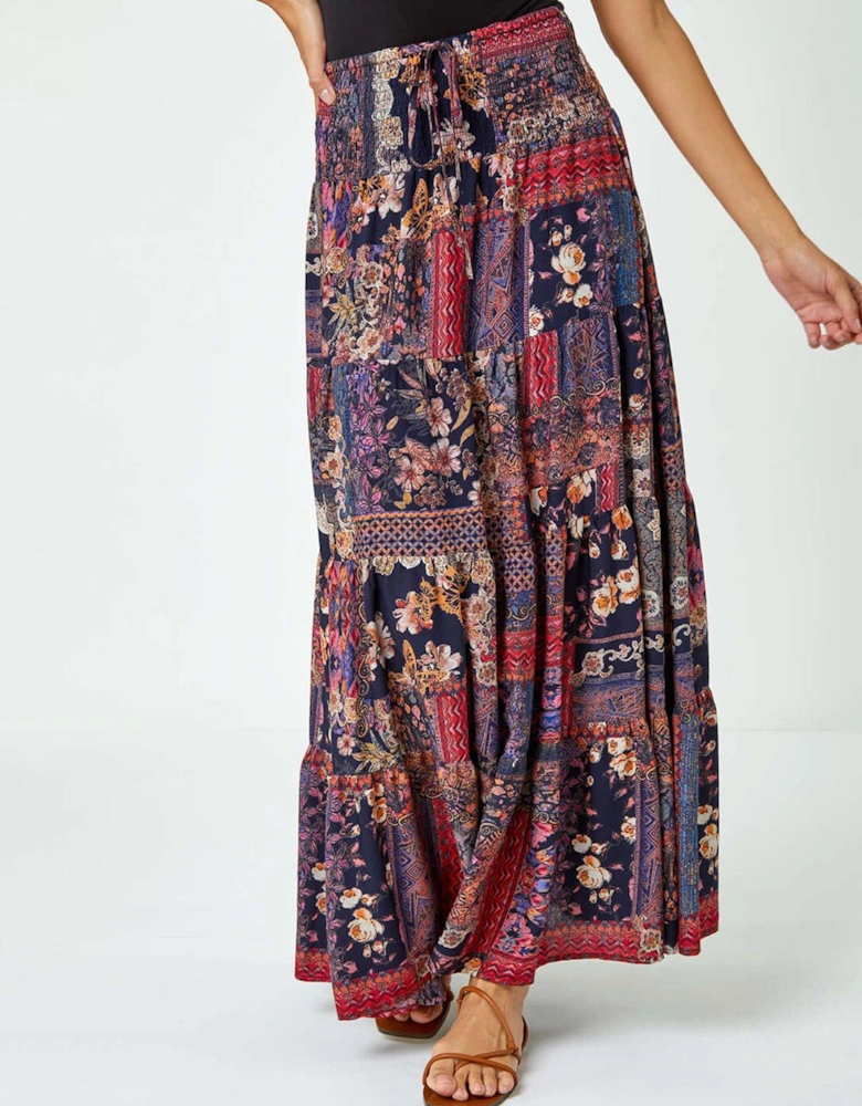 Boho Floral Shirred Waist Maxi Skirt
