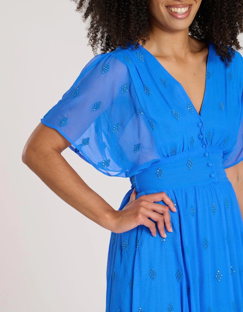 Sequin Detail Button Detail Midi Dress - Blue