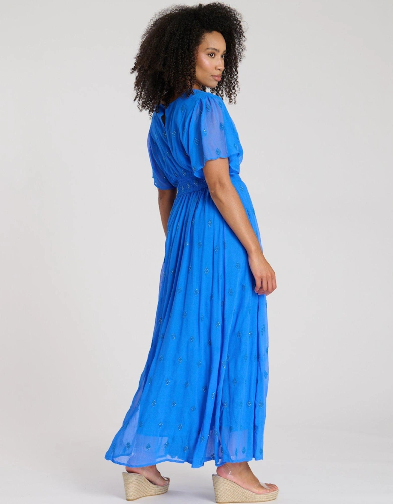 Sequin Detail Button Detail Midi Dress - Blue