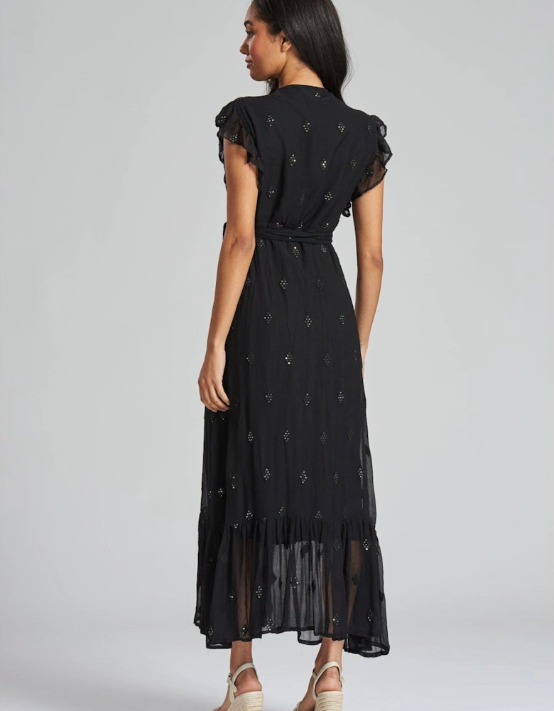 Sequin Detail Wrap Midi Dress - Black