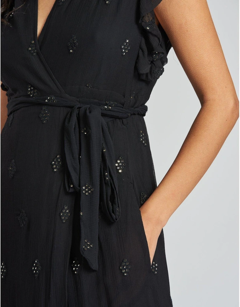 Sequin Detail Wrap Midi Dress - Black