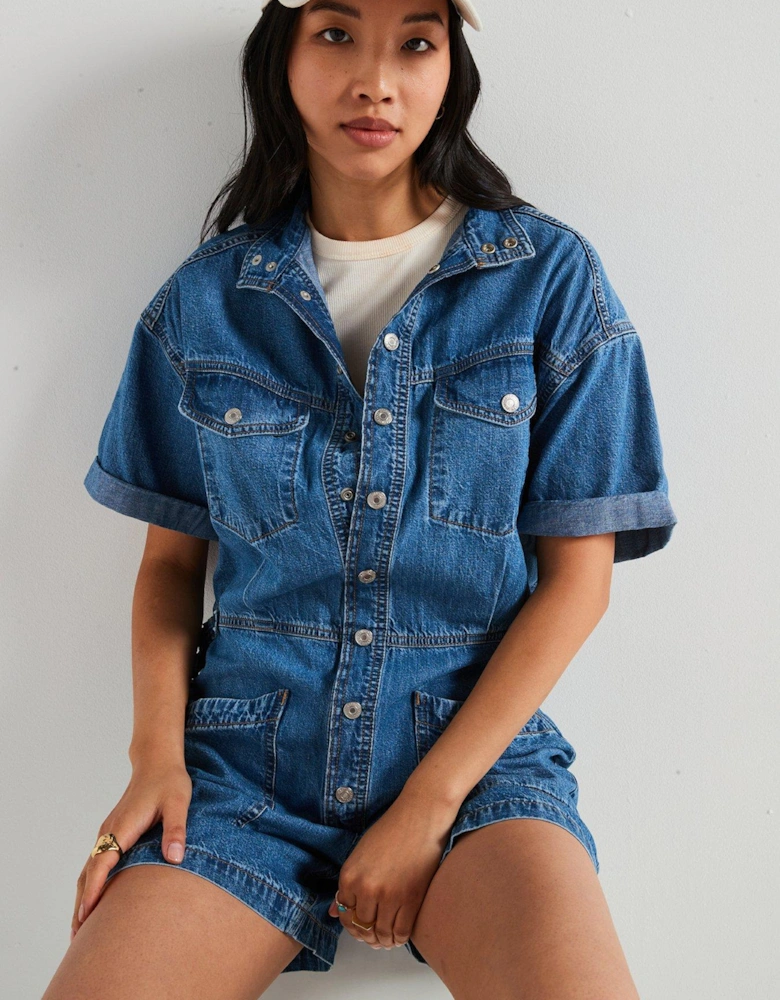 Short-sleeve Surplus Romper - Blue Joke