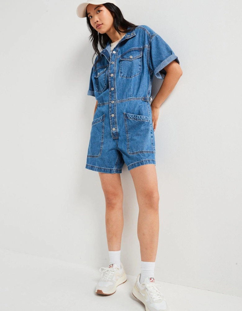 Short-sleeve Surplus Romper - Blue Joke