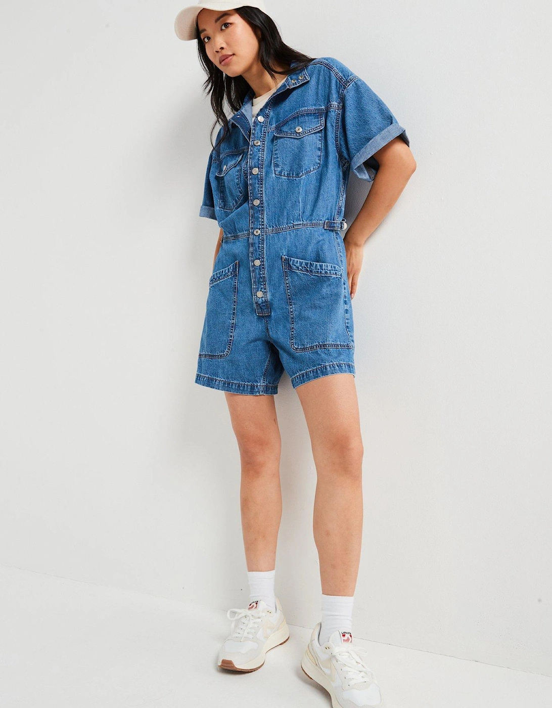 Short-sleeve Surplus Romper - Blue Joke