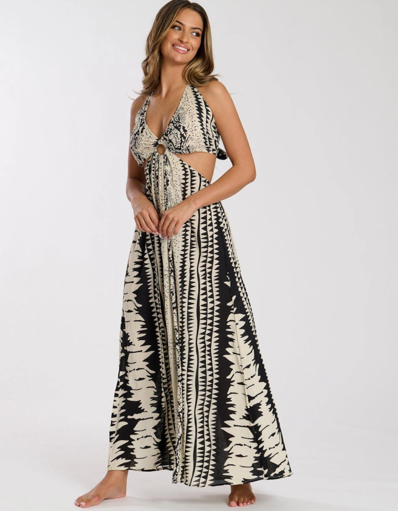 Printed Halter neck Ring Detail Beach Maxi Dress - Print