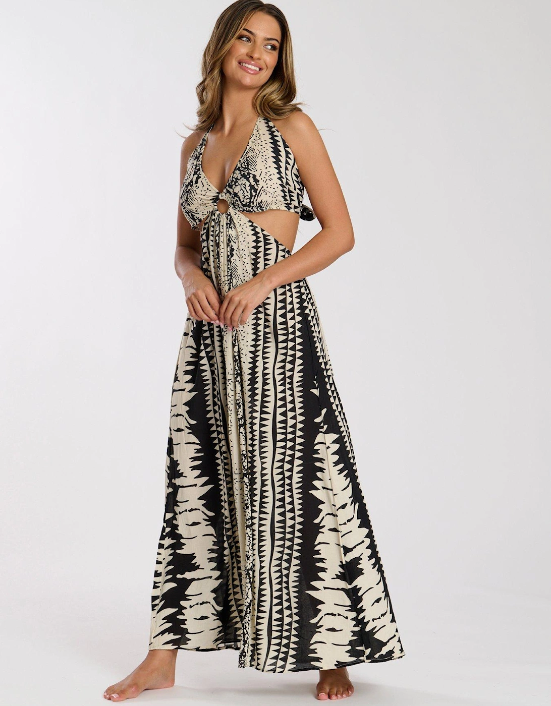 Printed Halter neck Ring Detail Beach Maxi Dress - Print