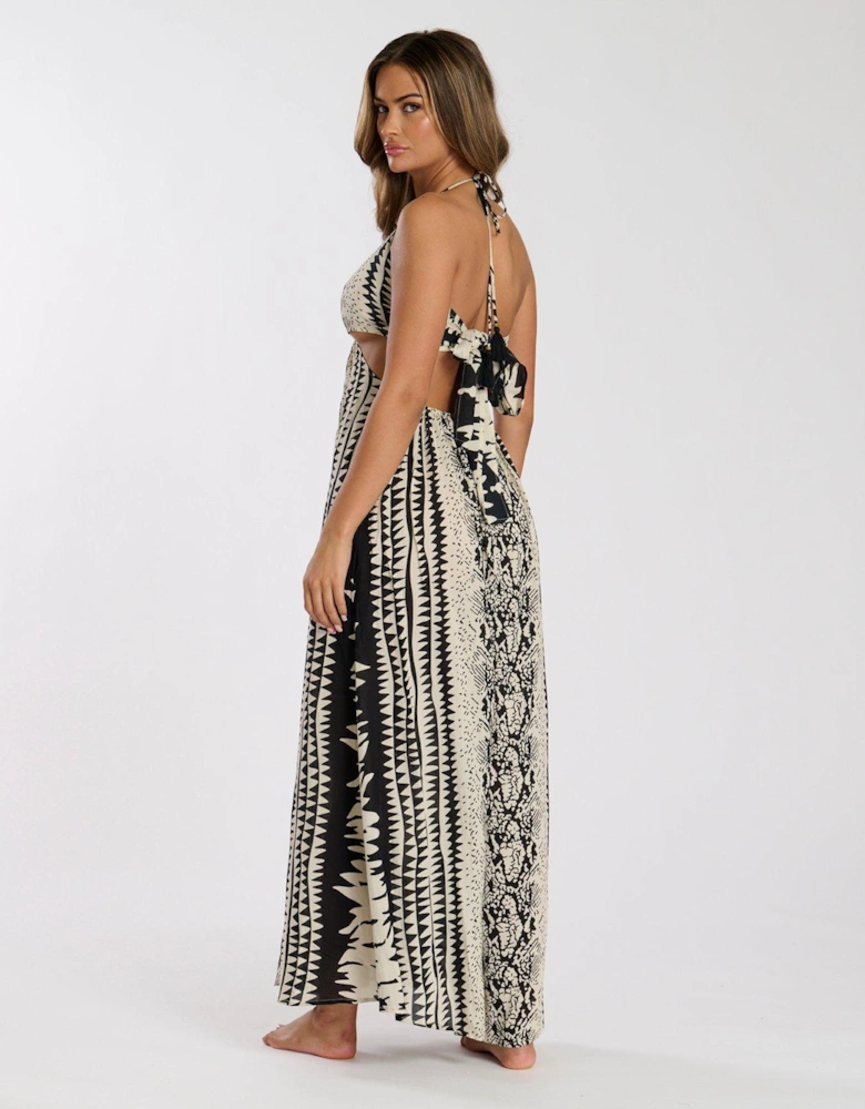 Printed Halter neck Ring Detail Beach Maxi Dress - Print