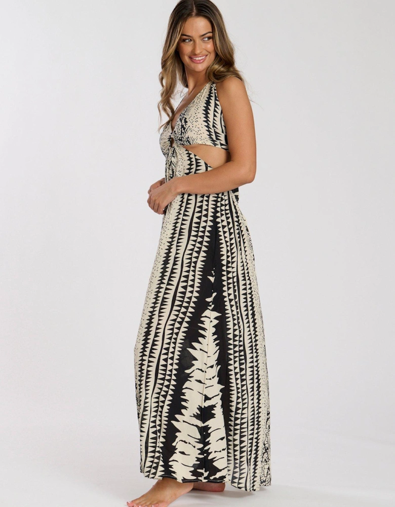 Printed Halter neck Ring Detail Beach Maxi Dress - Print
