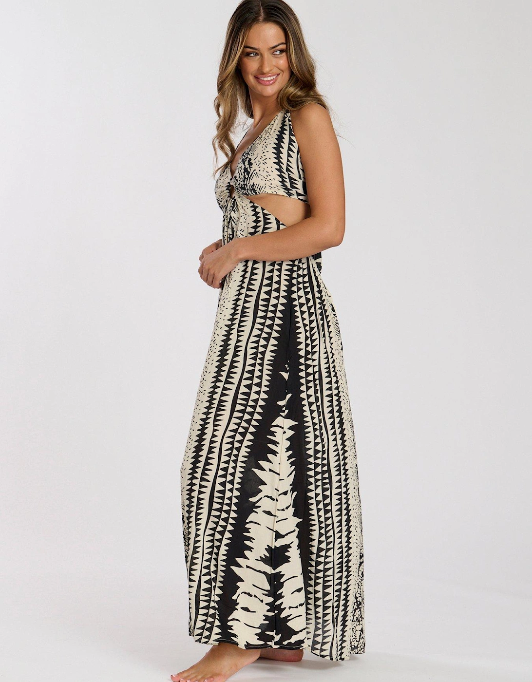 Printed Halter neck Ring Detail Beach Maxi Dress - Print