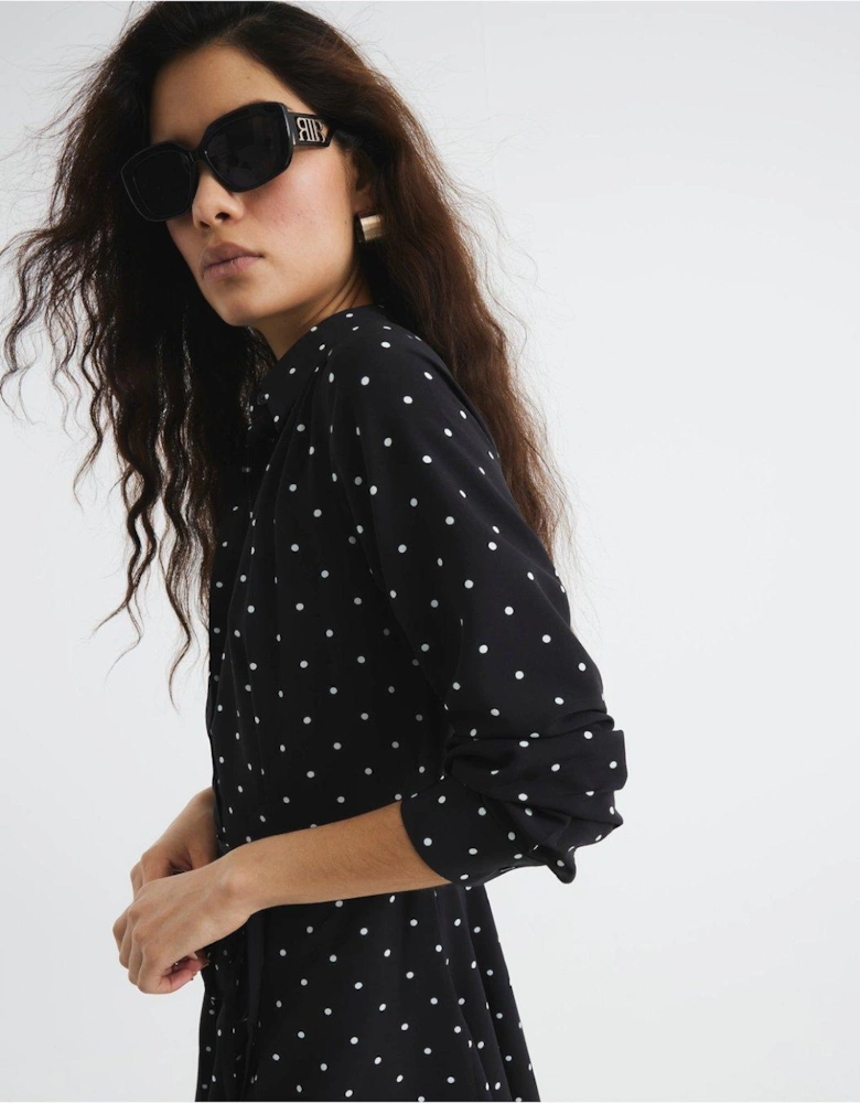 Printed Spot Mini Shirt Dress - Black