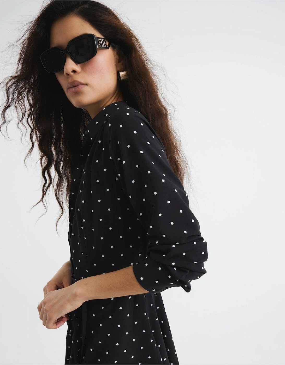 Printed Spot Mini Shirt Dress - Black