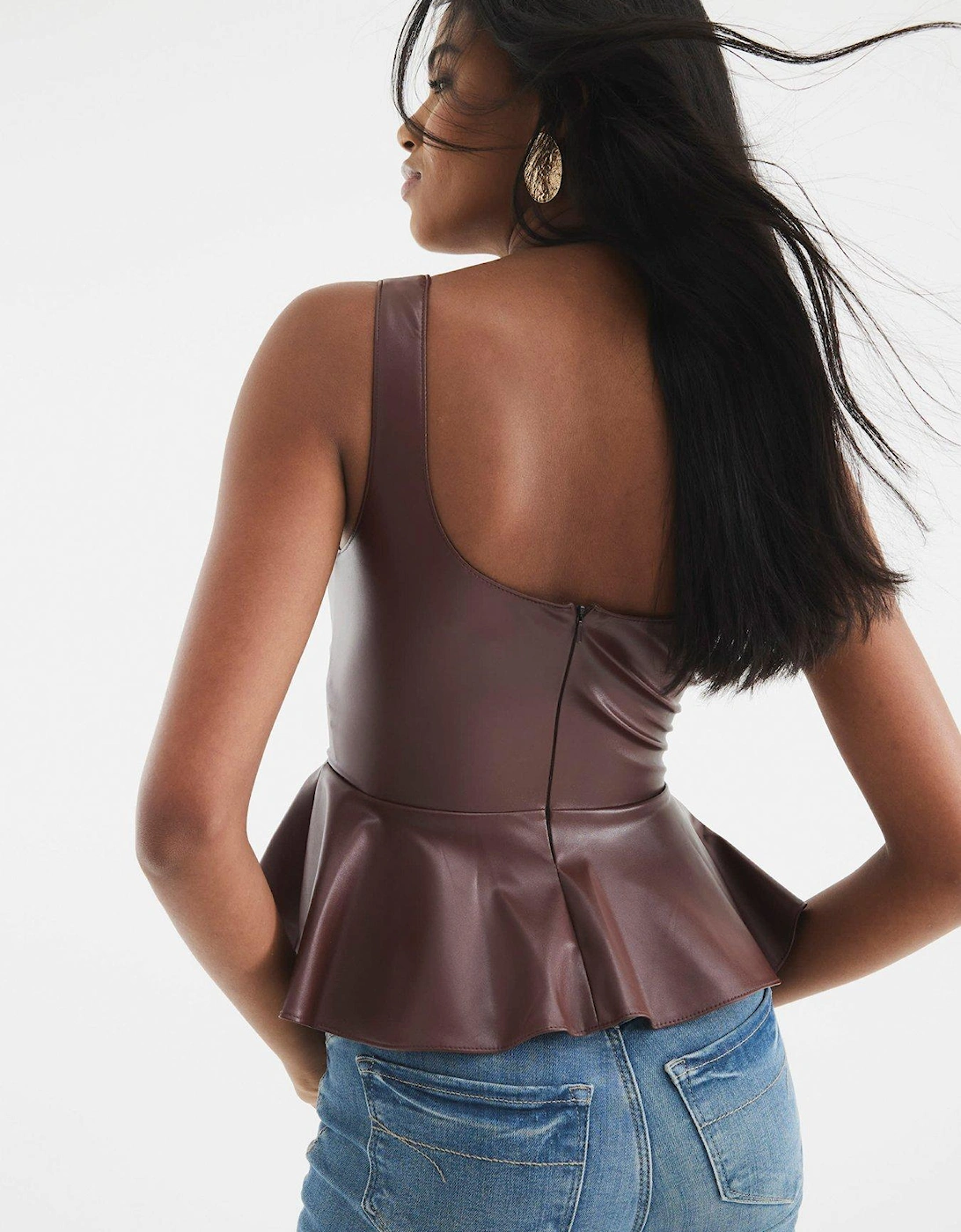 Peplum PU Top - Brown