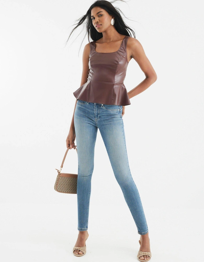 Peplum PU Top - Brown