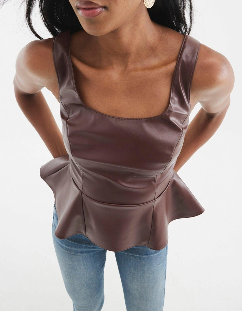 Peplum PU Top - Brown