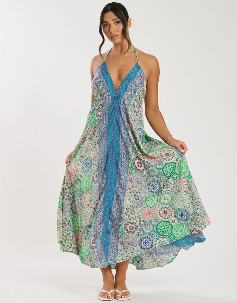 Printed Halter Scarf Maxi Dress - Green