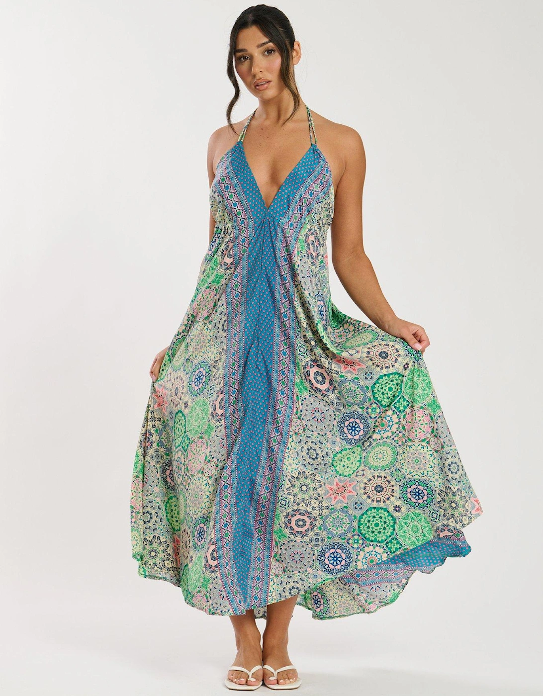 Printed Halter Scarf Maxi Dress - Green