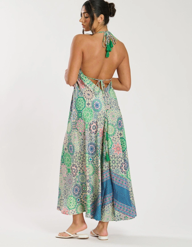 Printed Halter Scarf Maxi Dress - Green