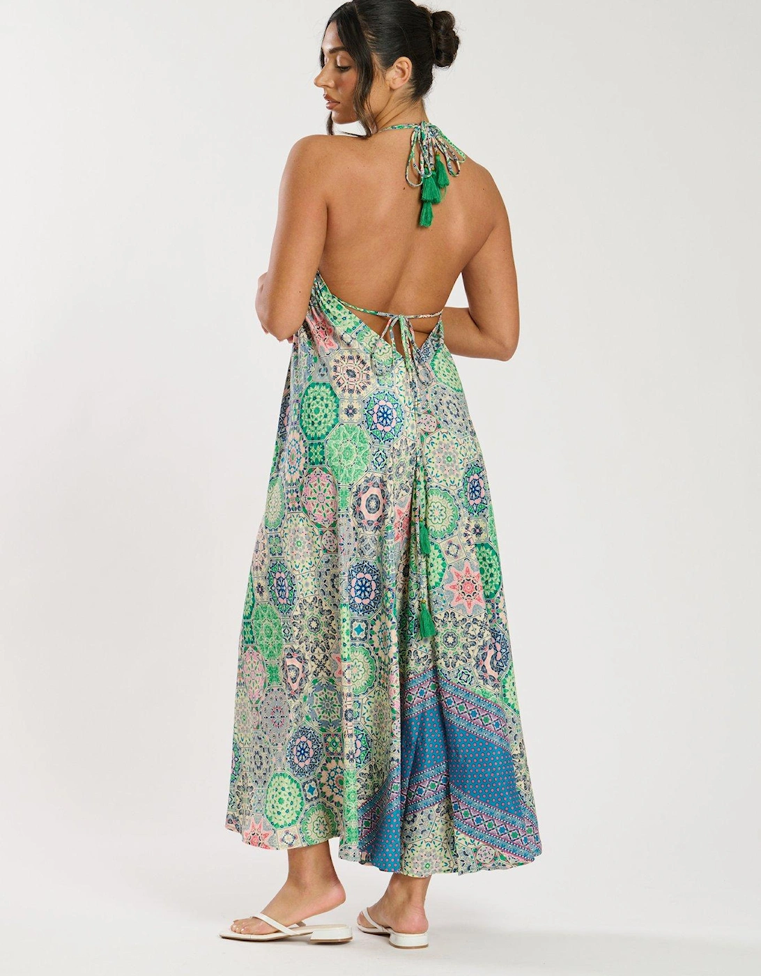 Printed Halter Scarf Maxi Dress - Green