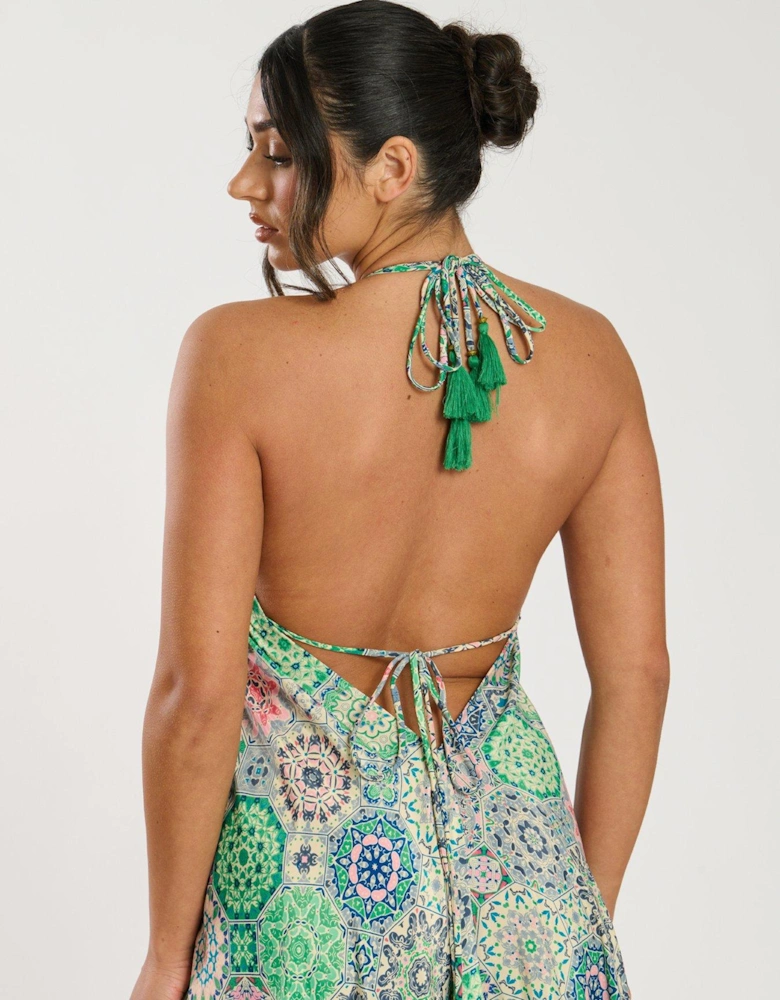 Printed Halter Scarf Maxi Dress - Green