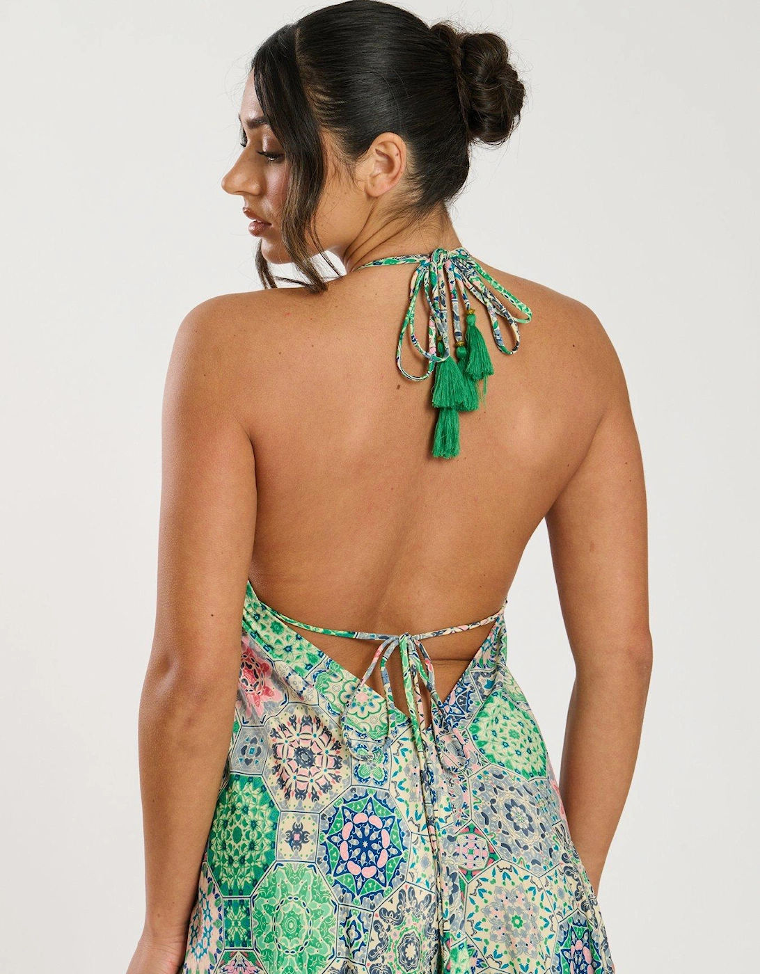 Printed Halter Scarf Maxi Dress - Green