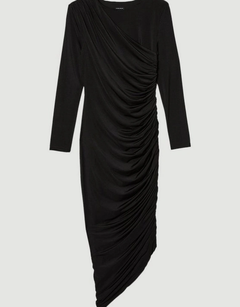 Jersey Crepe Ruched Long Sleeve Maxi Dress