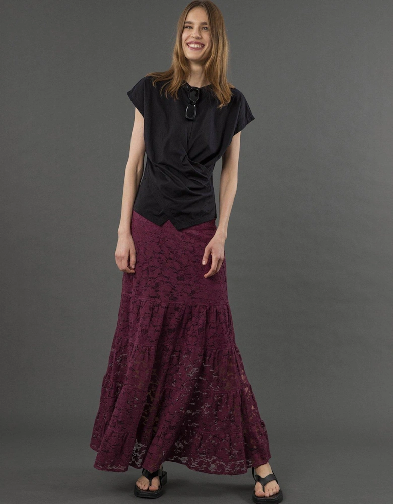Eileen Tiered Maxi Lace Skirt - Red