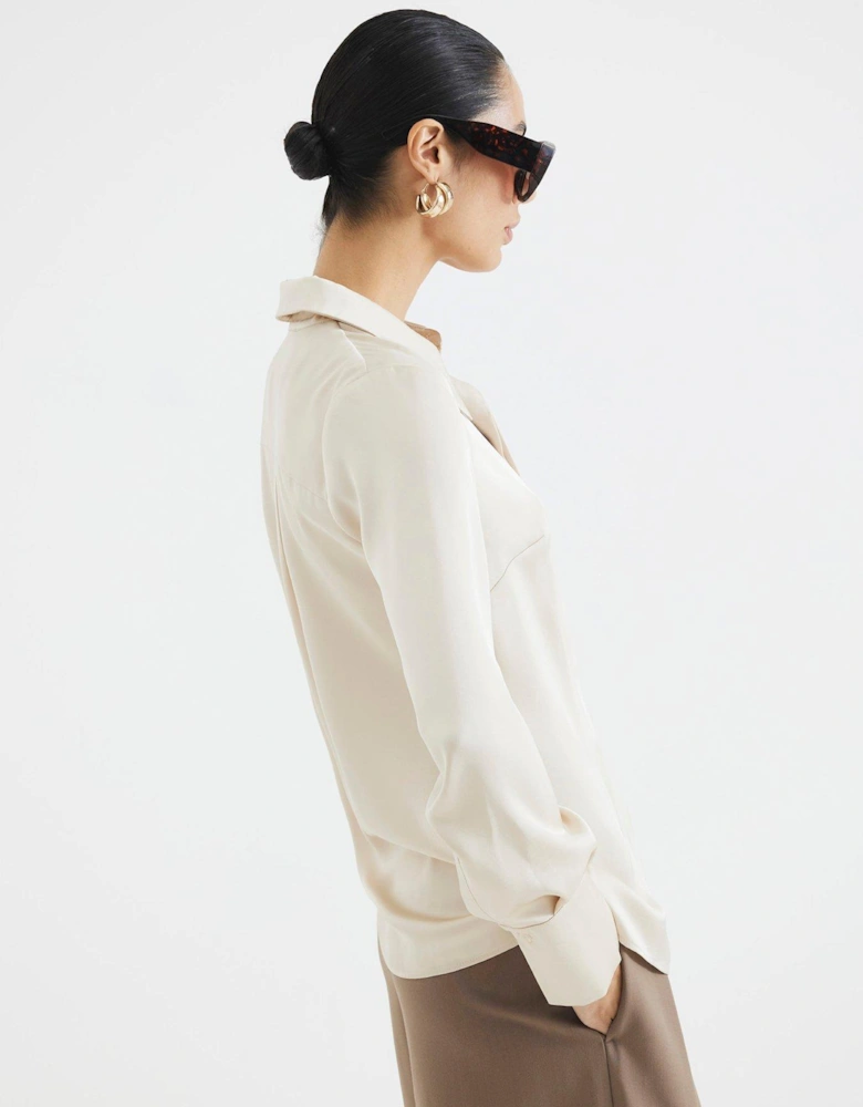 Long Sleeve Satin Slimline Shirt - White