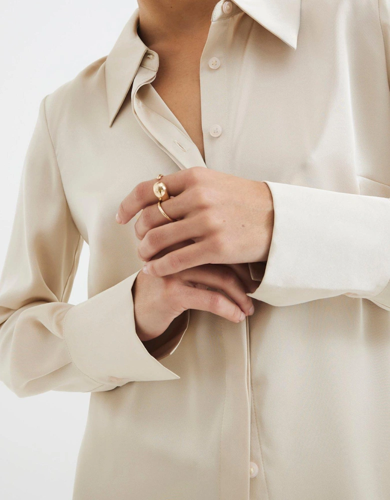 Long Sleeve Satin Slimline Shirt - White