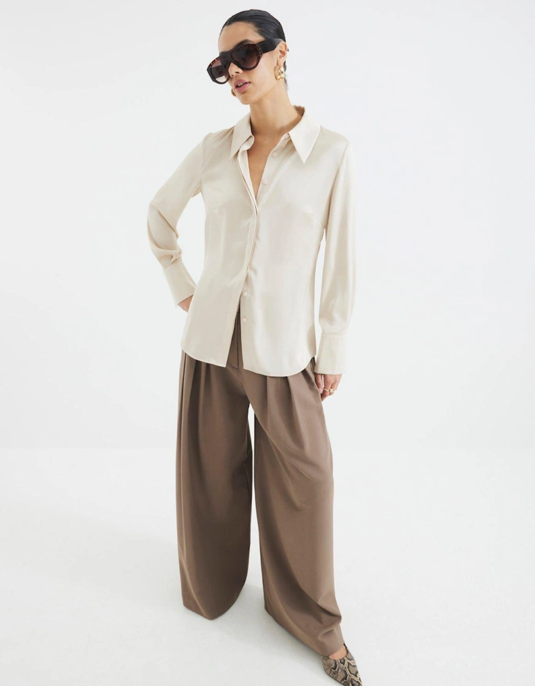 Long Sleeve Satin Slimline Shirt - White