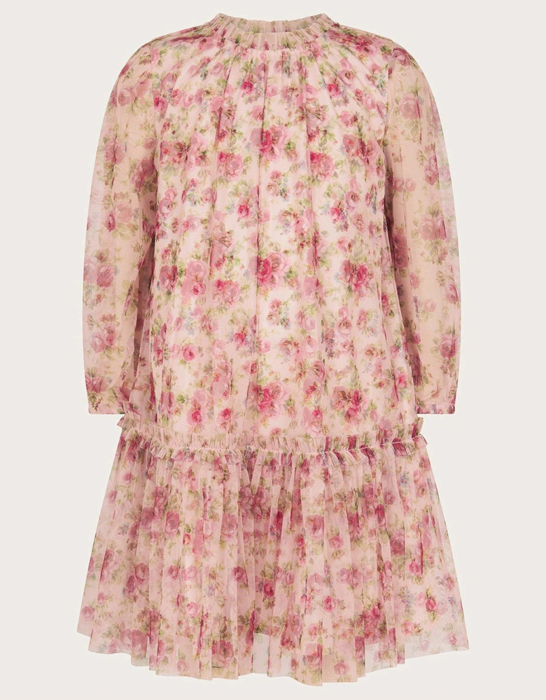 Girls Long Sleeve Floral Frill Dress - Light Cream