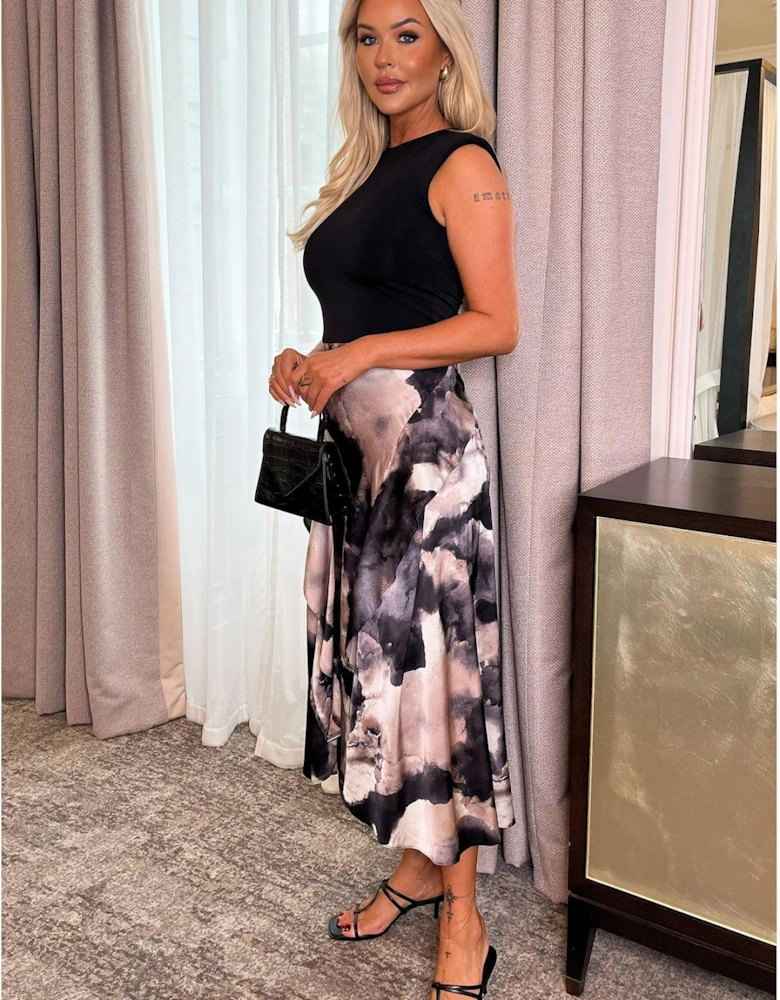 Marble Print 2 In 1 Double Frill Split Midi Dress - Multi
