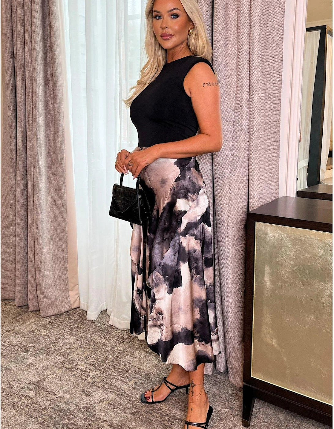 Marble Print 2 In 1 Double Frill Split Midi Dress - Multi
