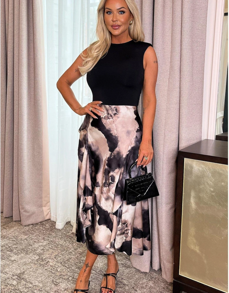 Marble Print 2 In 1 Double Frill Split Midi Dress - Multi